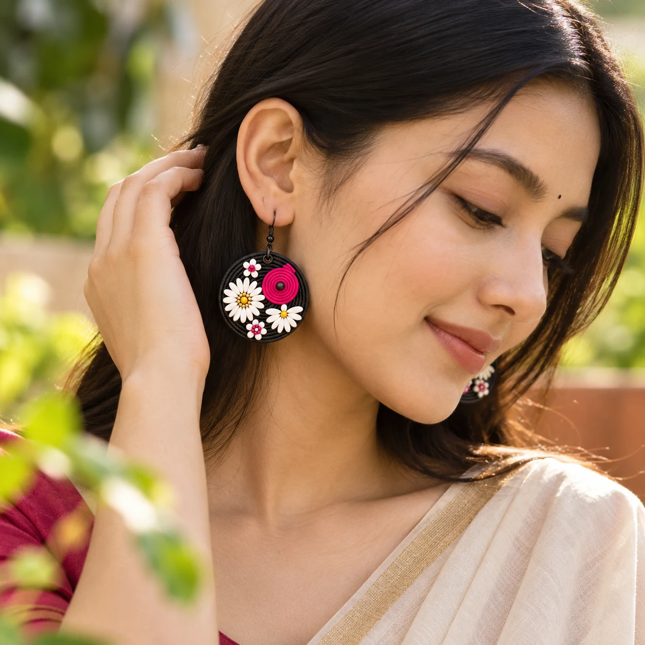 Circular hoop drop earring view 3