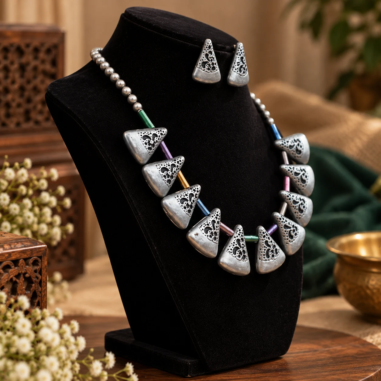 Tringular bead choker (silver) view 2