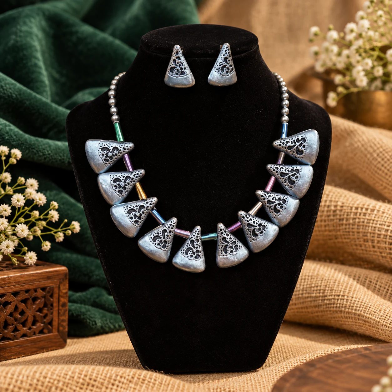 Tringular bead choker (silver) — handmade eco friendly gift by Achichiz, Lucknow