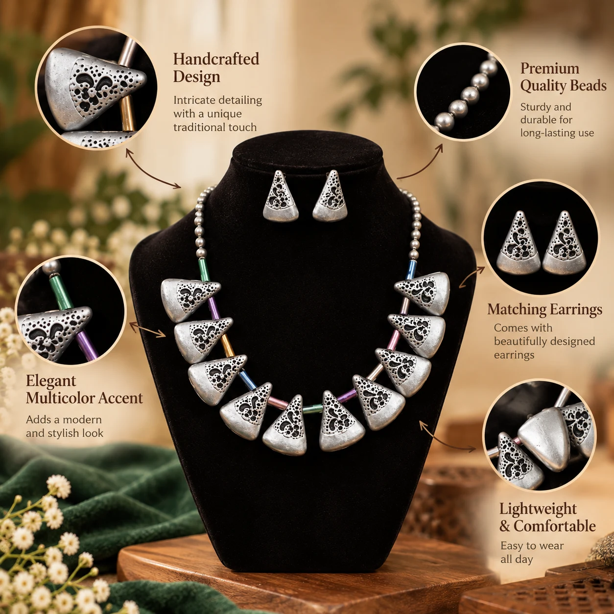Tringular bead choker (silver) view 4